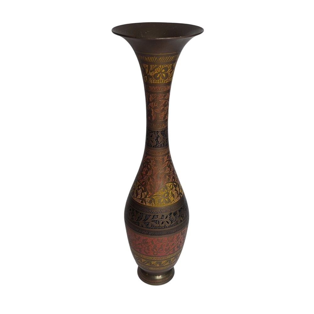 Vintage Brass‎ Floral Vase Hand Decorated made in India 13in Tall #382